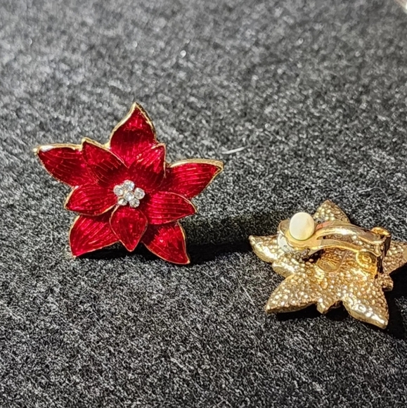 Vtg Eisenberg Ice Red Enamel & Rhinestone Poinsettia Flower Clip Earrings - Picture 5 of 7